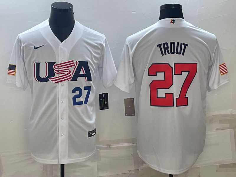 Men 2023 World Cub USA 27 Trout White Nike MLB Jersey1